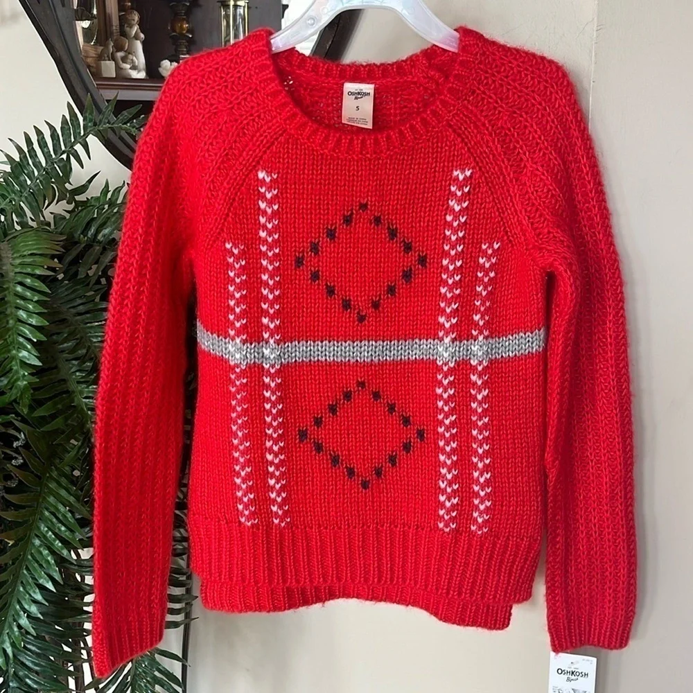 Brand New OshKosh B'Gosh Red Knit Sweater Crew Neck Diamond Design Christmas